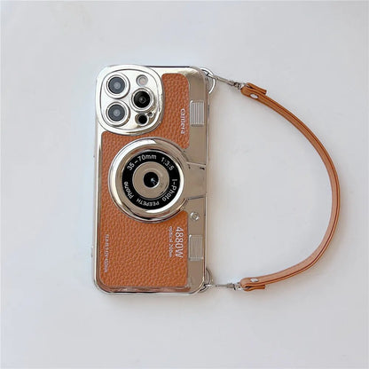 Japan Korean 3D luxury camera + hand strap couple gift case for iphone 15 12 14 Pro Max 11 13 Max leather pattern protect cover