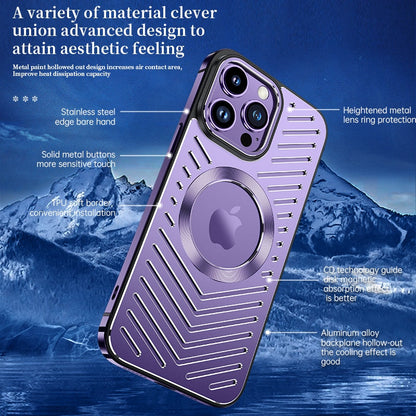 Stainless Steel Frame Aluminum Backplane Metal Magnetic Phone Case For iPhone 12 13 14 Pro Max 14Plus Hollow Cooling Cover Funda