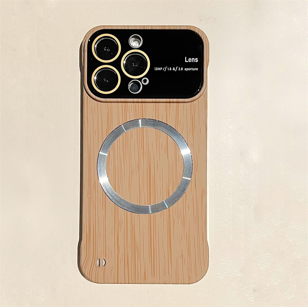 Luxury Frameless for Wood Grain Magnetic Phone Case for iPhone 14 ProMax 12 13 Pro Max Shockproof Lens Protection Slim PC Cover